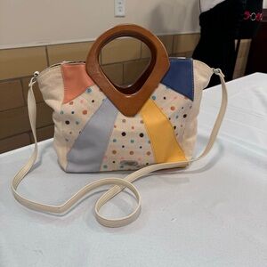 Vintage Relic Wooden Handle Canvas, Suede and leather handbag purse with strap